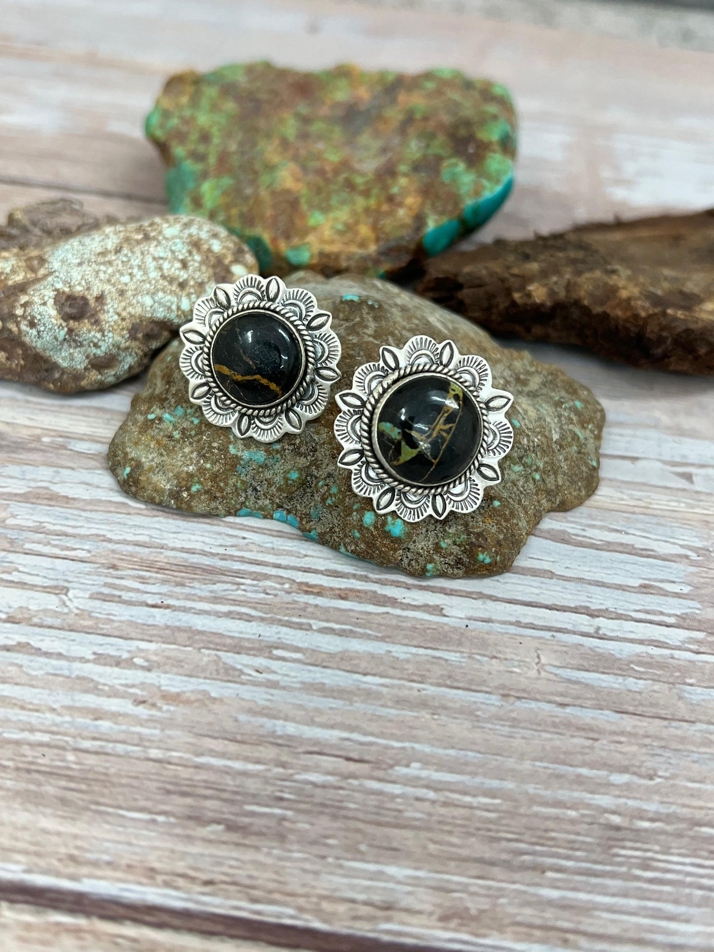 Handmade Sterling Silver Blackjack Turquoise Post Studs with Signed Nizhoni