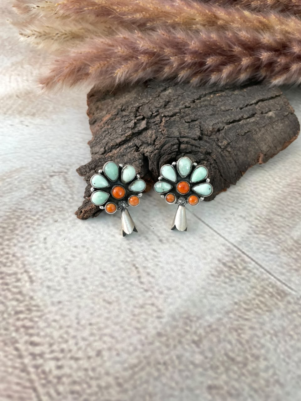 Handmade Sterling Silver Orange Mojave with Paloma Turquoise Post Studs Squash Blossom Earrings Signed Nizhoni