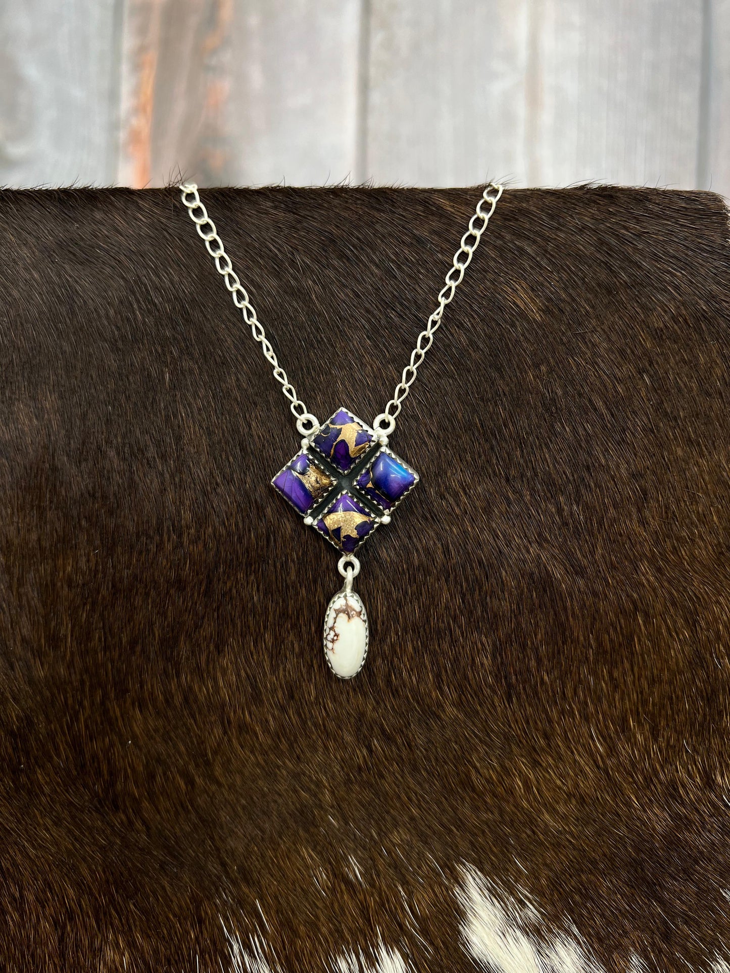 Handmade Sterling Silver Grape Dahlia with Wild Horse Necklace with Signed Nizhoni