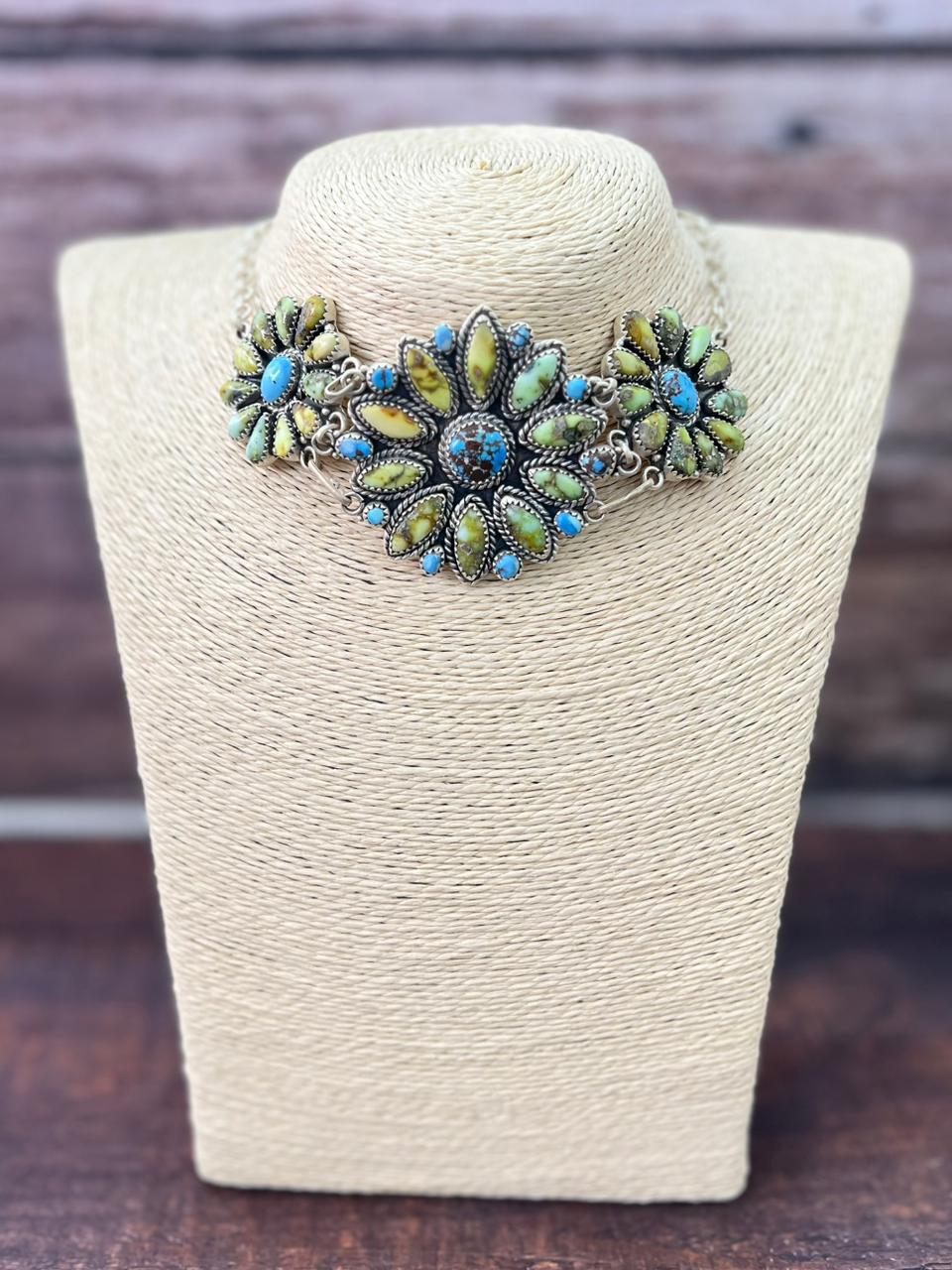 Handmade Sterling Silver Palomino with Golden Hills Turquoise Choker Necklace "Signed Nizhoni"