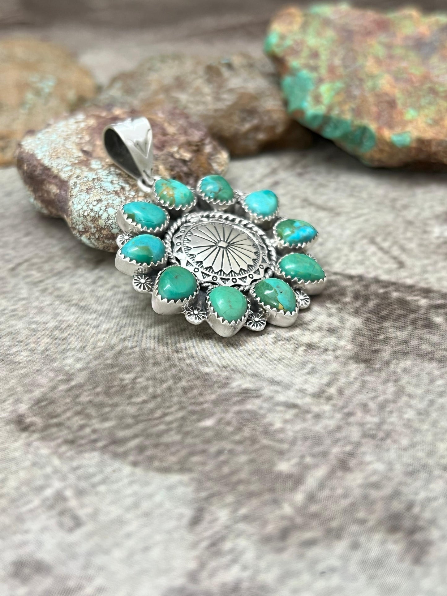 Handmade Sterling Silver Kingman Turquoise Pendant with Signed Nizhoni