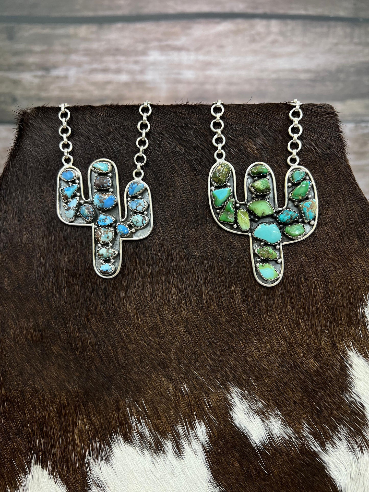 Handmade Sterling Silver Golden Hill Turquoise, Sonoran Saguaro Cactus Necklace with Signed Nizhoni
