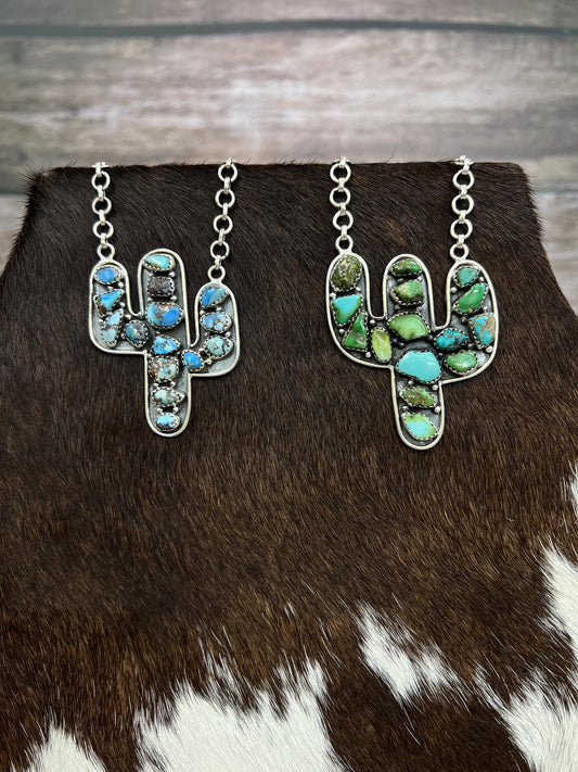 Handmade Sterling Silver Golden Hill Turquoise, Sonoran Saguaro Cactus Necklace with Signed Nizhoni