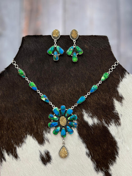 Handmade Sterling Silver Peacock Dahlia with Druzy Necklace Earrings Set with Signed Nizhoni