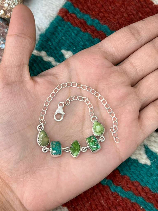 Handmade Sterling Silver Emerald Valley Turquoise Chain Bracelet with Signed Nizhoni