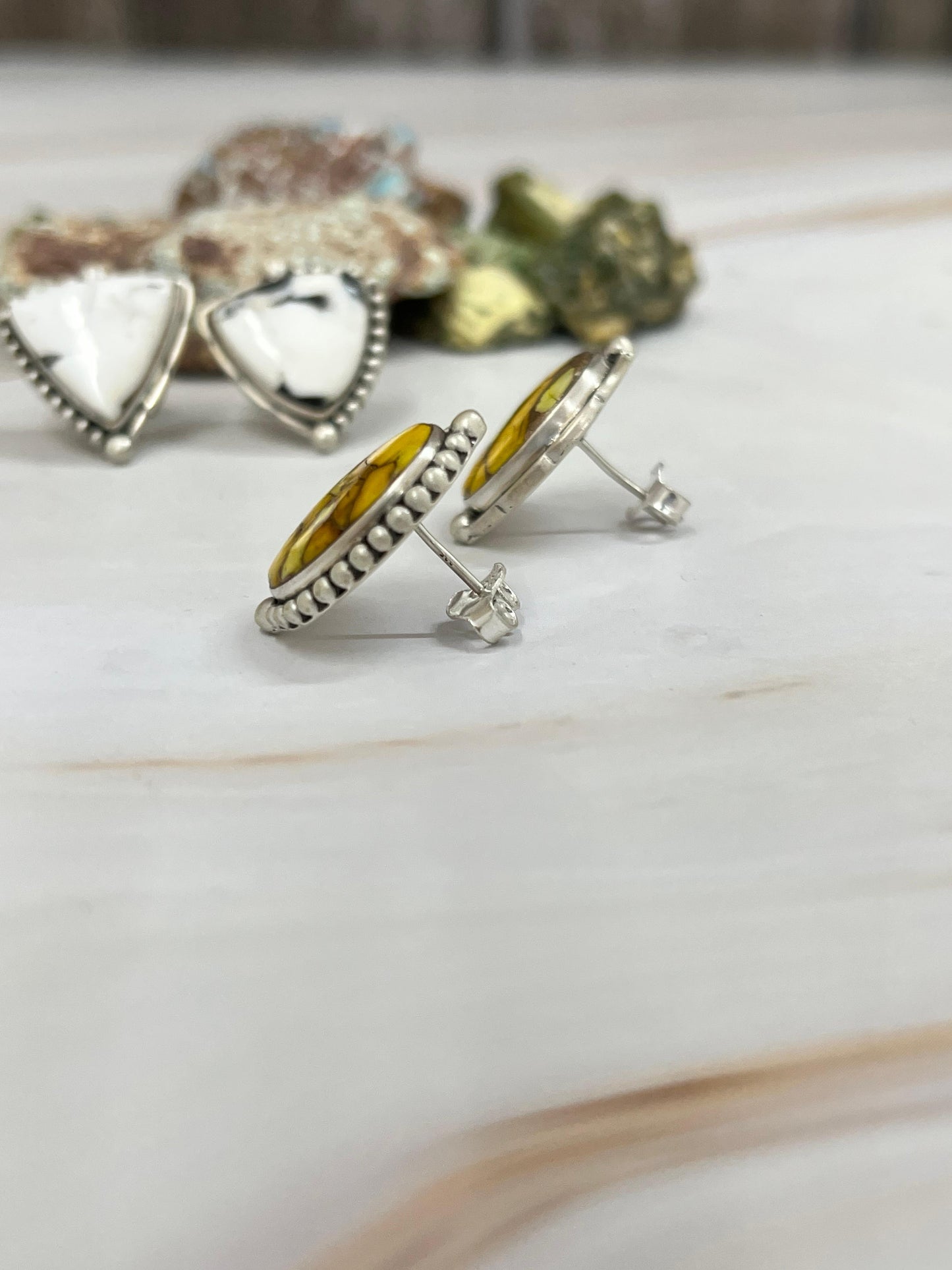 Handmade Sterling Silver Honey Dahlia, White Buffalo Turquoise Earrings with Signed Nizhoni