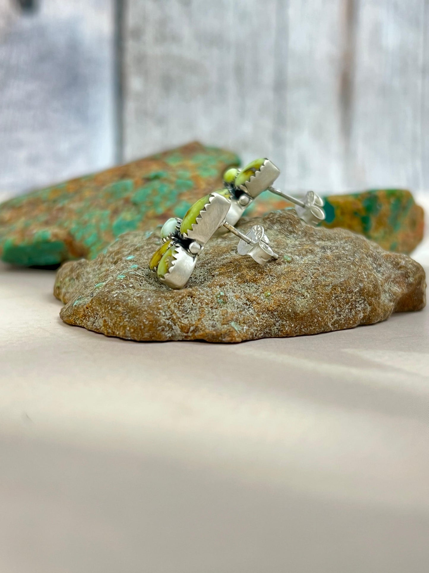 Handmade Sterling Silver Palomino Turquoise Post Studs with Signed Nizhoni