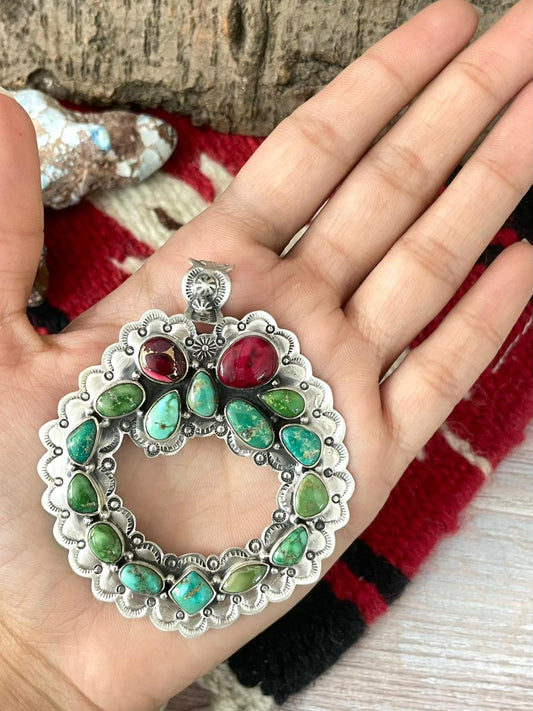 Handmade Sterling Silver Dahlia Rose with Emerald Valley Turquoise Pendant "Signed Nizhoni"