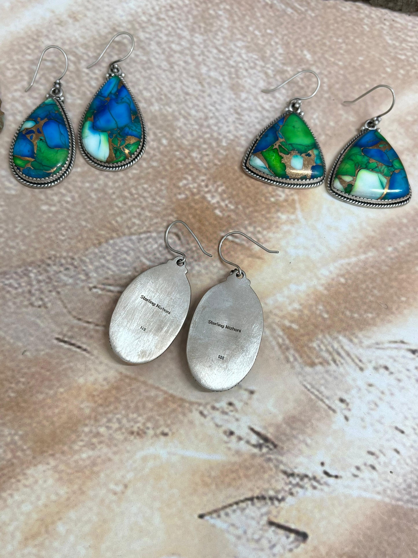 Handmade Sterling Silver Peacock Dahlia Hook Earrings with Signed Nizhoni