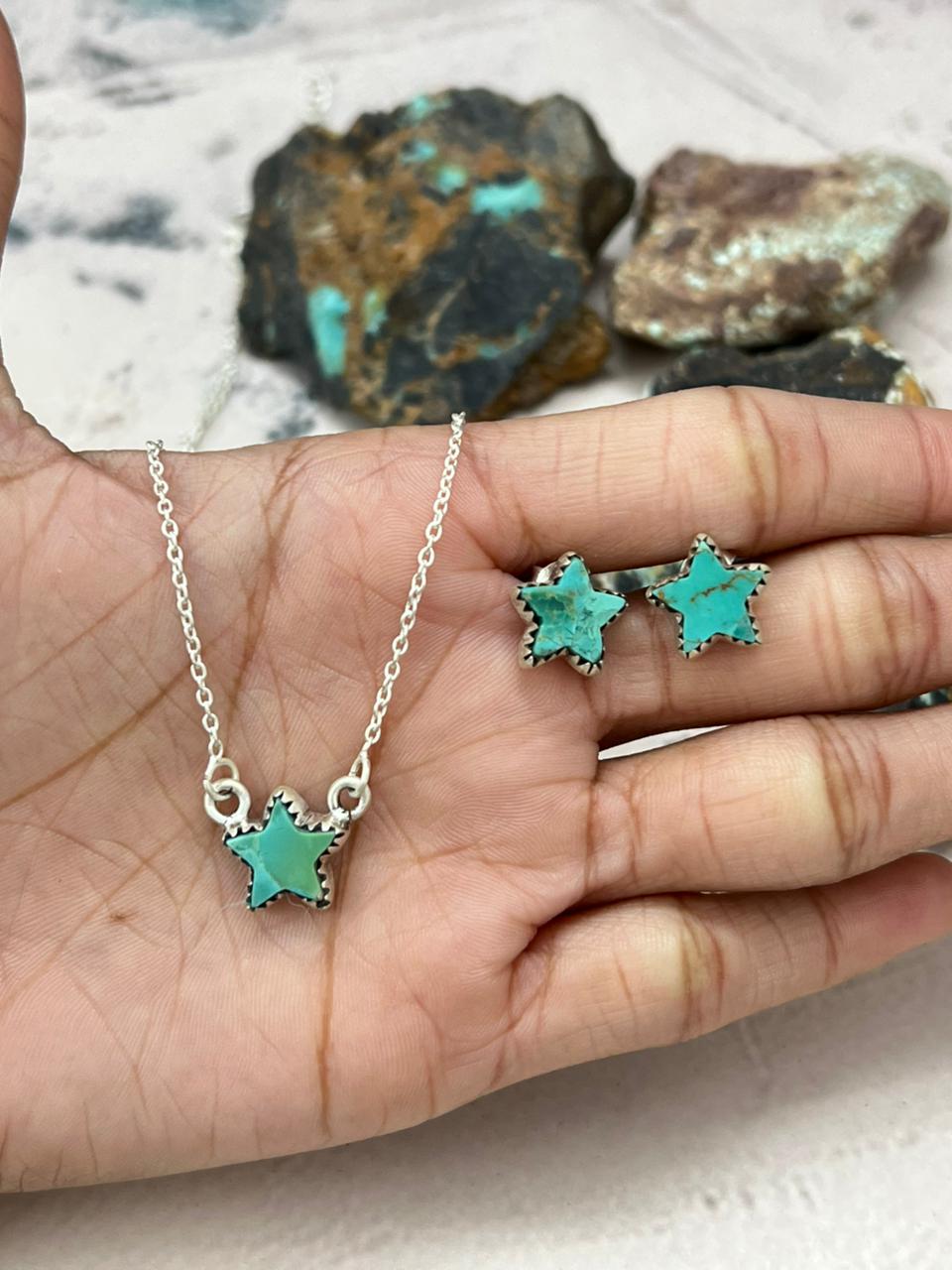 Handmade Sterling Silver Kingman Turquoise Necklace Earrings Set "Signed Nizhoni"