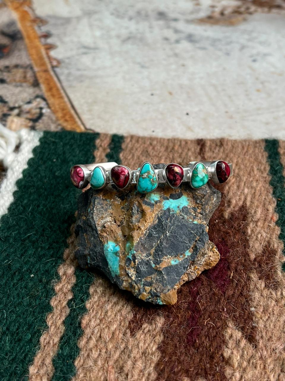 Handmade Sterling Silver Dahlia Rose with Emerald Valley Turquoise Cuff Bracelet "Signed Nizhoni"