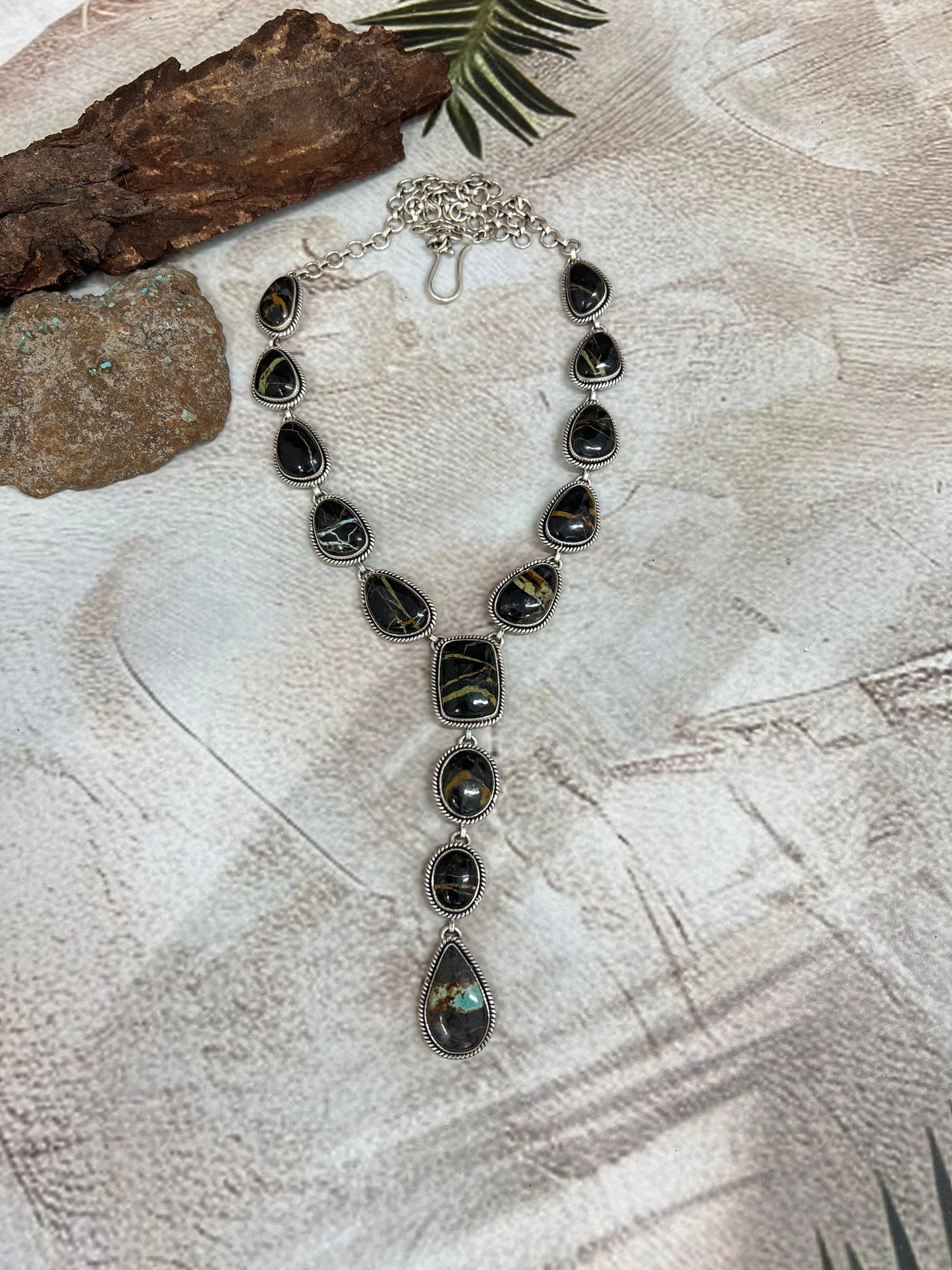 Handmade Sterling Silver Blackjack Turquoise Lariat Necklace Signed Nizhoni