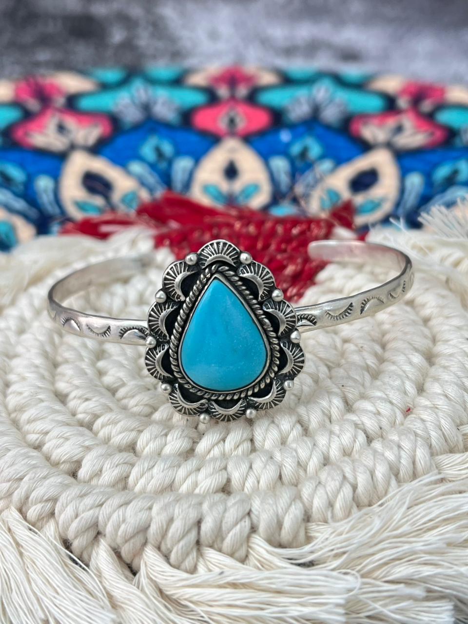Handmade Sterling Silver Arizona Blue Turquoise Cuff Bracelet "Signed Nizhoni"