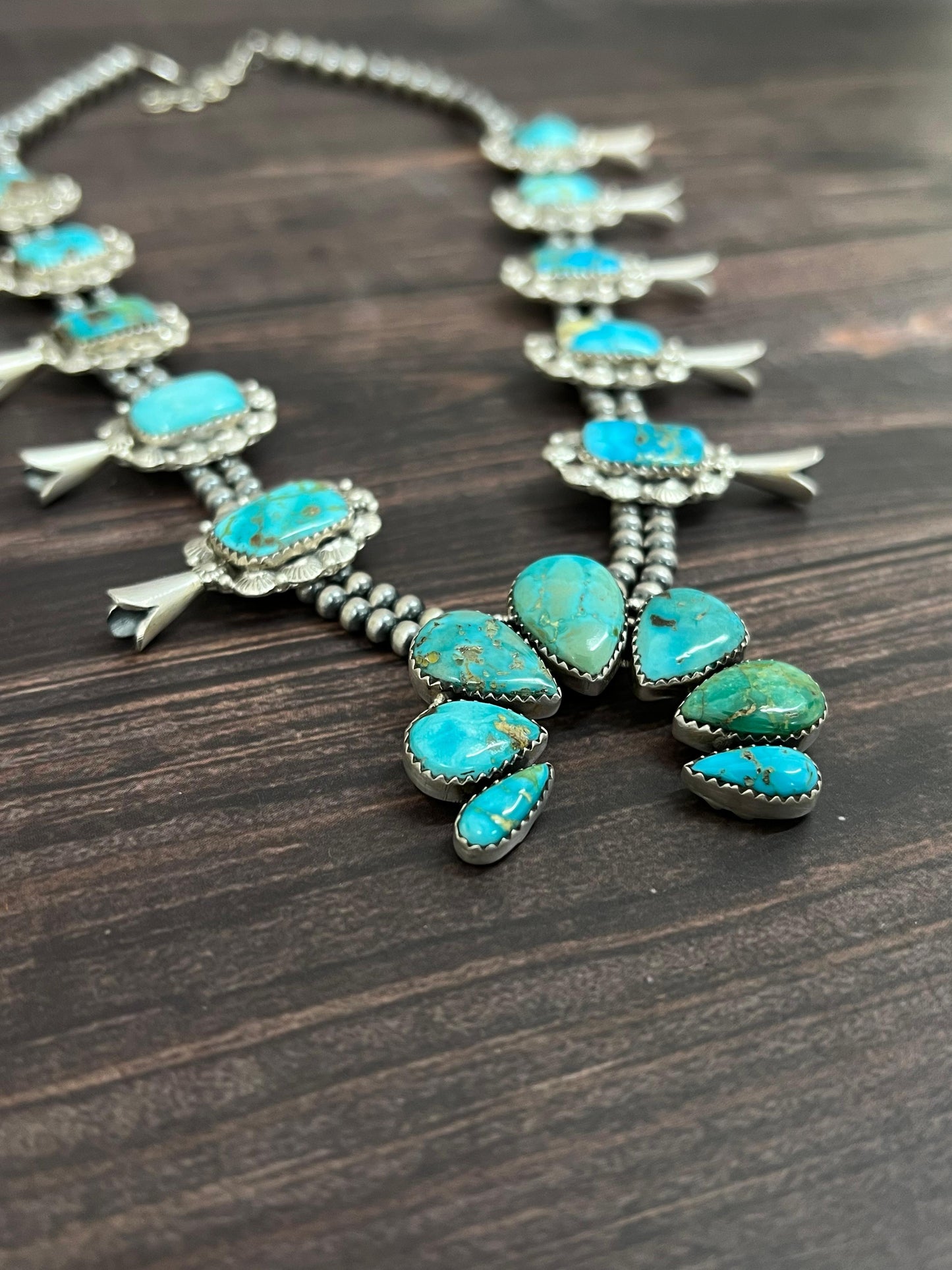 Handmade Sterling Silver South Hill Turquoise Beaded Necklace with Signed Nizhoni