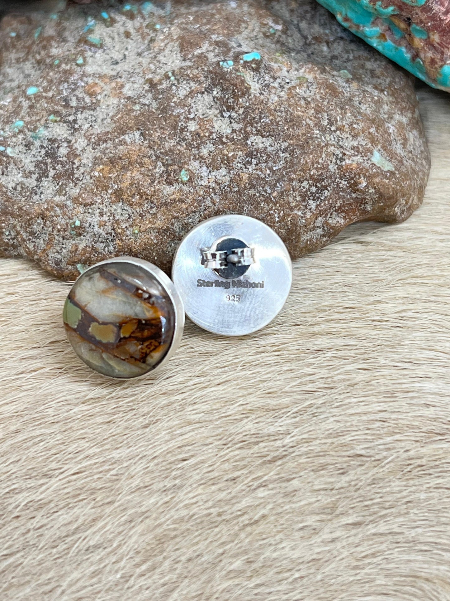 Handmade Sterling Silver Ribbon Royston Studs with Signed Nizhoni
