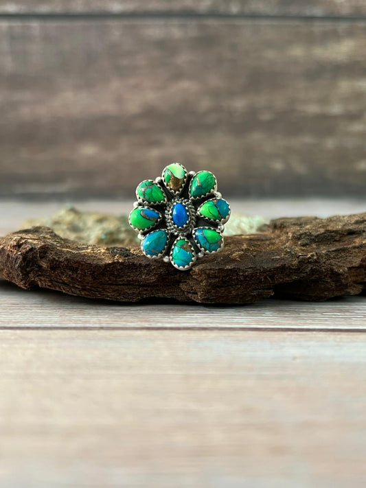 Handmade Sterling Silver Peacock Dahlia Adjustable Ring With Signed Nizhoni