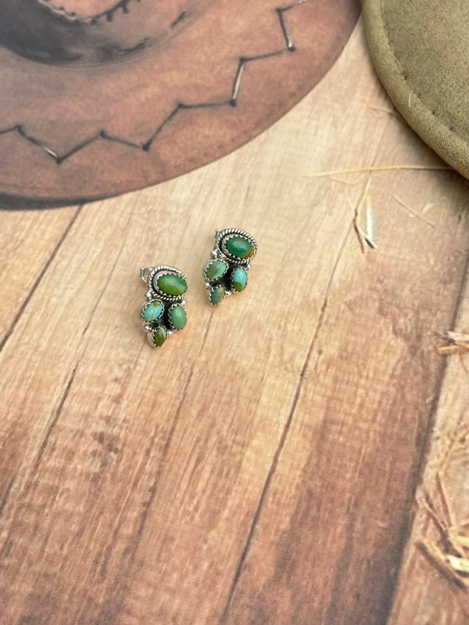 Handmade Sterling Silver Kingman Turquoise Post Studs Earrings "Signed Nizhoni"