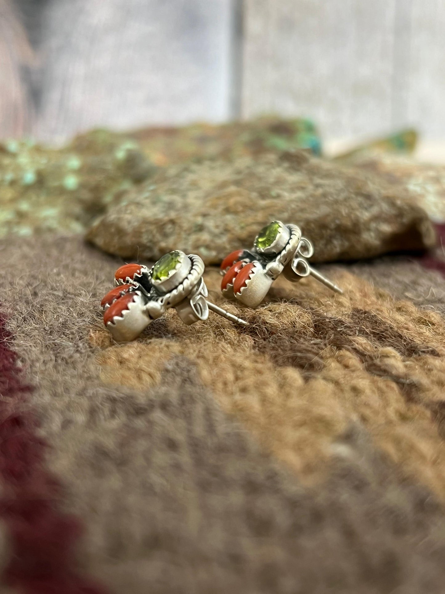 Christmas Collection Handmade Sterling Silver Coral with Peridot Post Studs, Signed Nizhoni