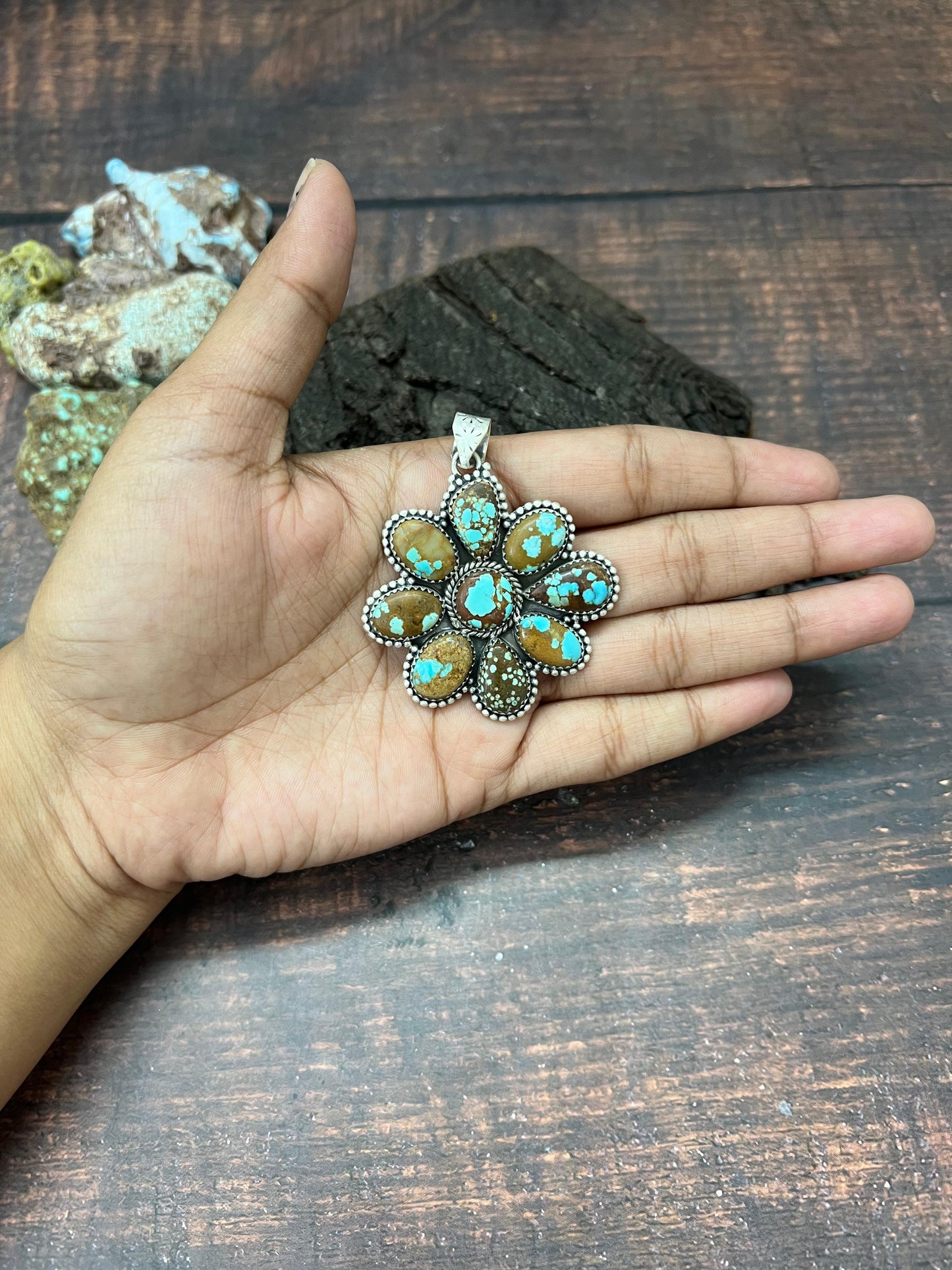 Handmade Sterling Silver Number 8 Turquoise Pendant with Signed Nizhoni