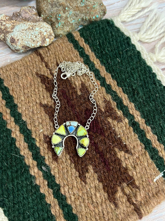 Handmade Sterling Silver Palomino, Golden Hills Turquoise Naja Necklace with Signed Nizhoni