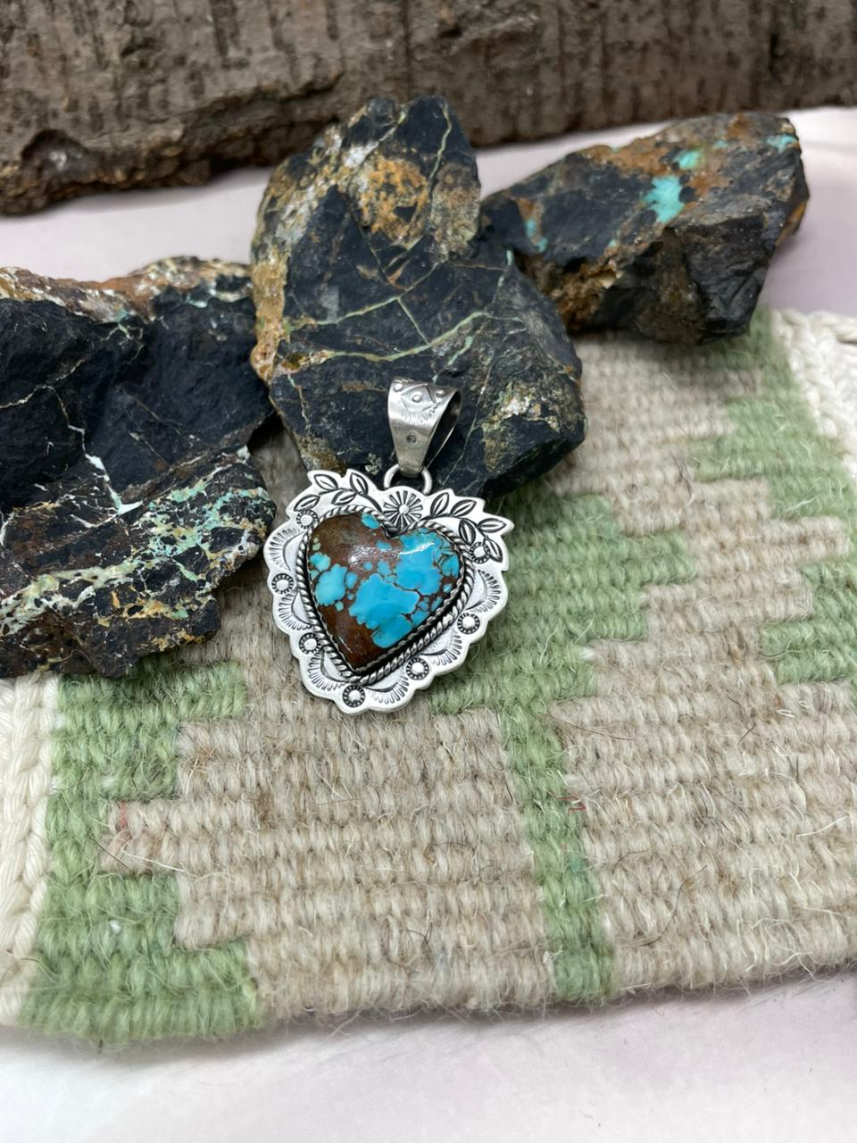 Handmade Sterling Silver Number 8 Turquoise Heart Pendant "Signed Nizhoni"