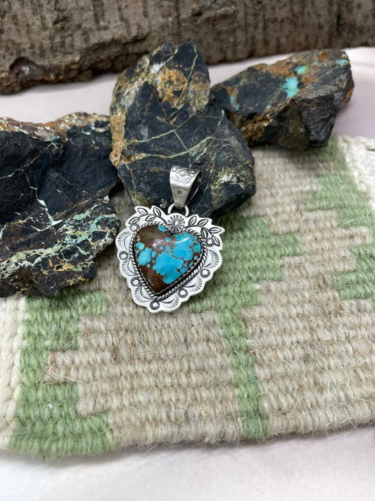 Handmade Sterling Silver Number 8 Turquoise Heart Pendant "Signed Nizhoni"