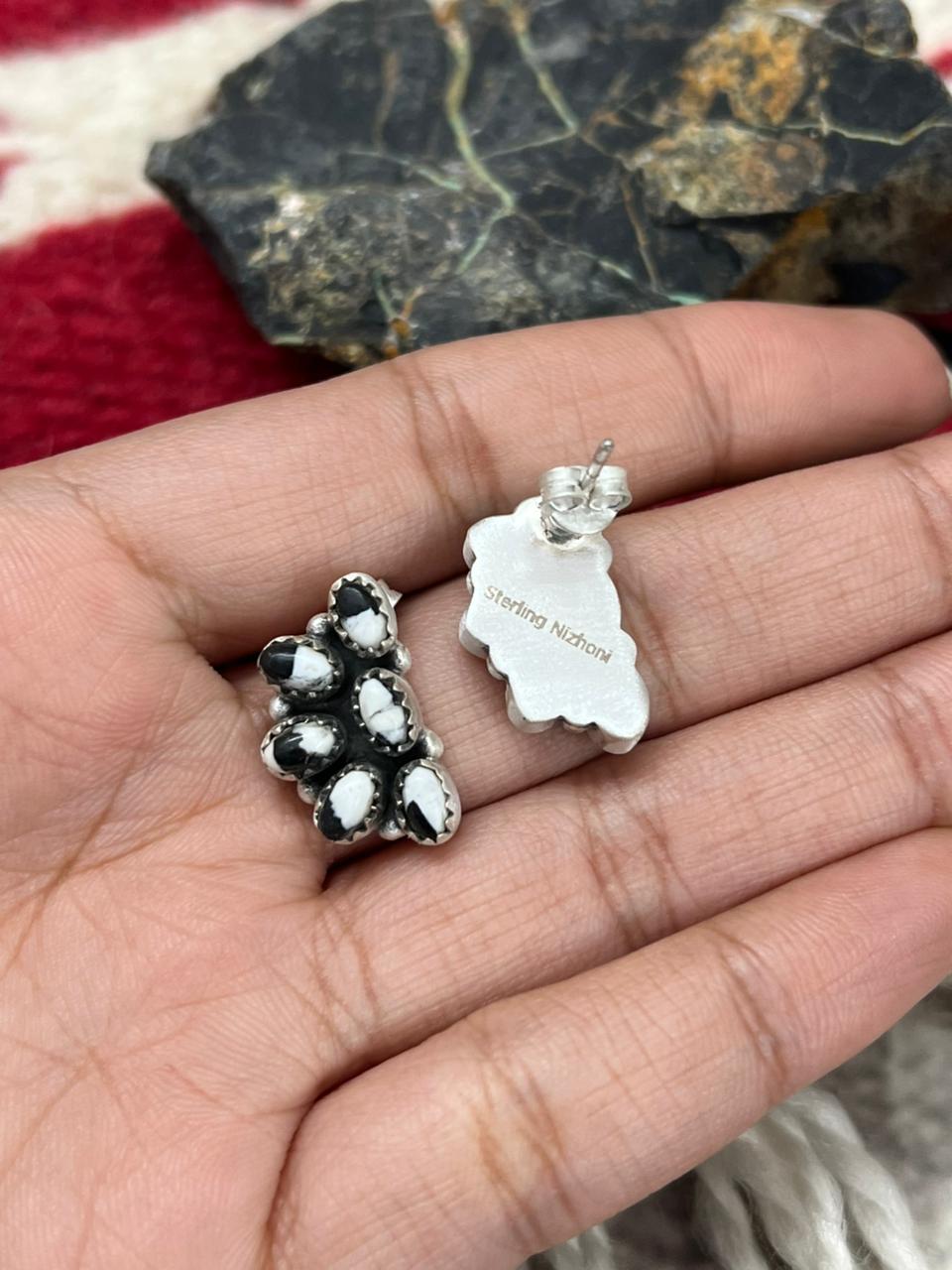 Handmade Sterling Silver White Buffalo Studs Earrings "Signed Nizhoni"