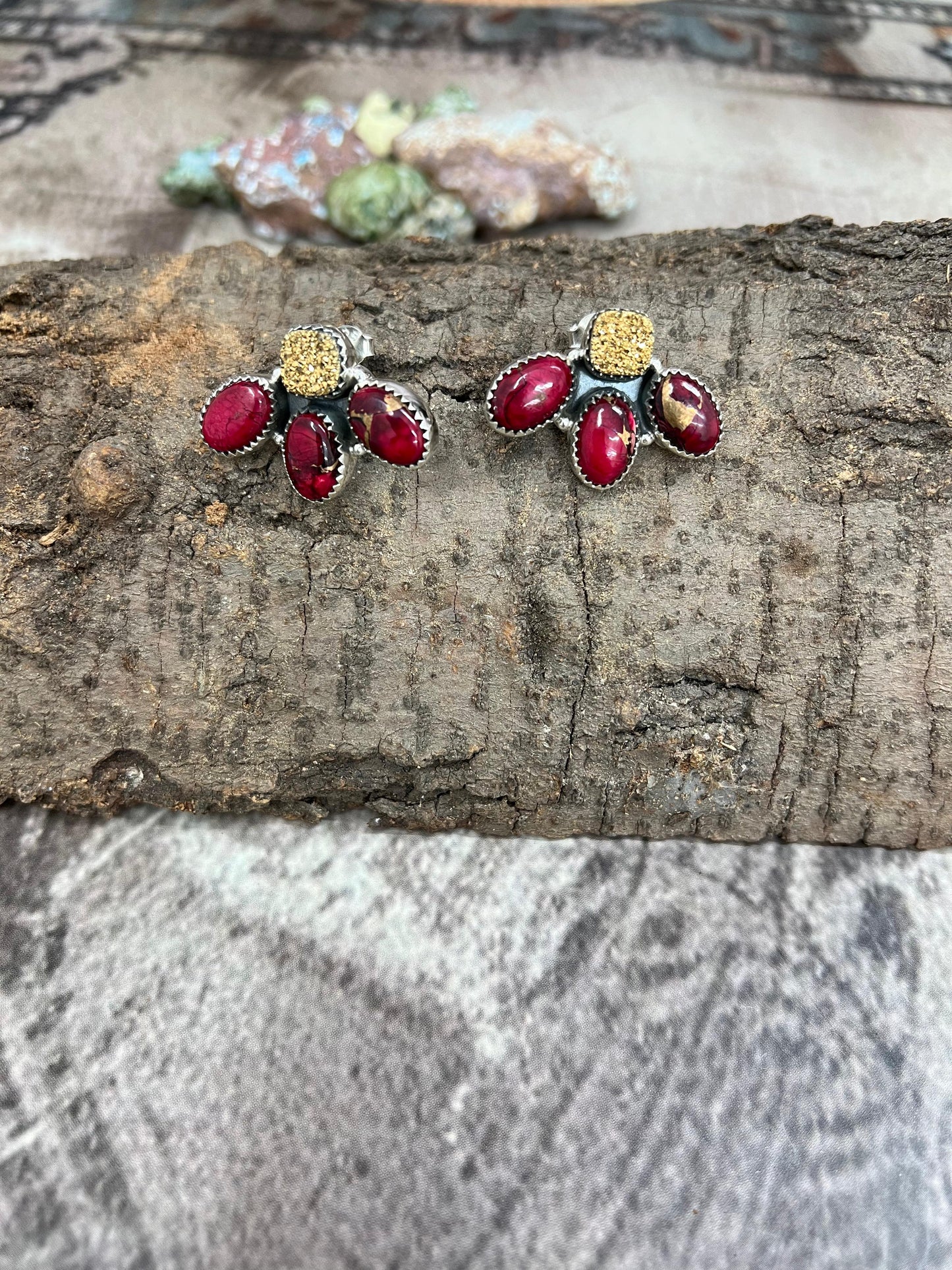 Handmade Sterling Silver Dahlia Rose with Druzy Post Earrings with Signed Nizhoni