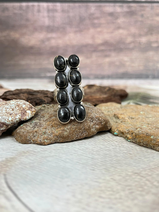 Handmade Sterling Silver Blackjack Turquoise Adjustable Ring Signed Nizhoni
