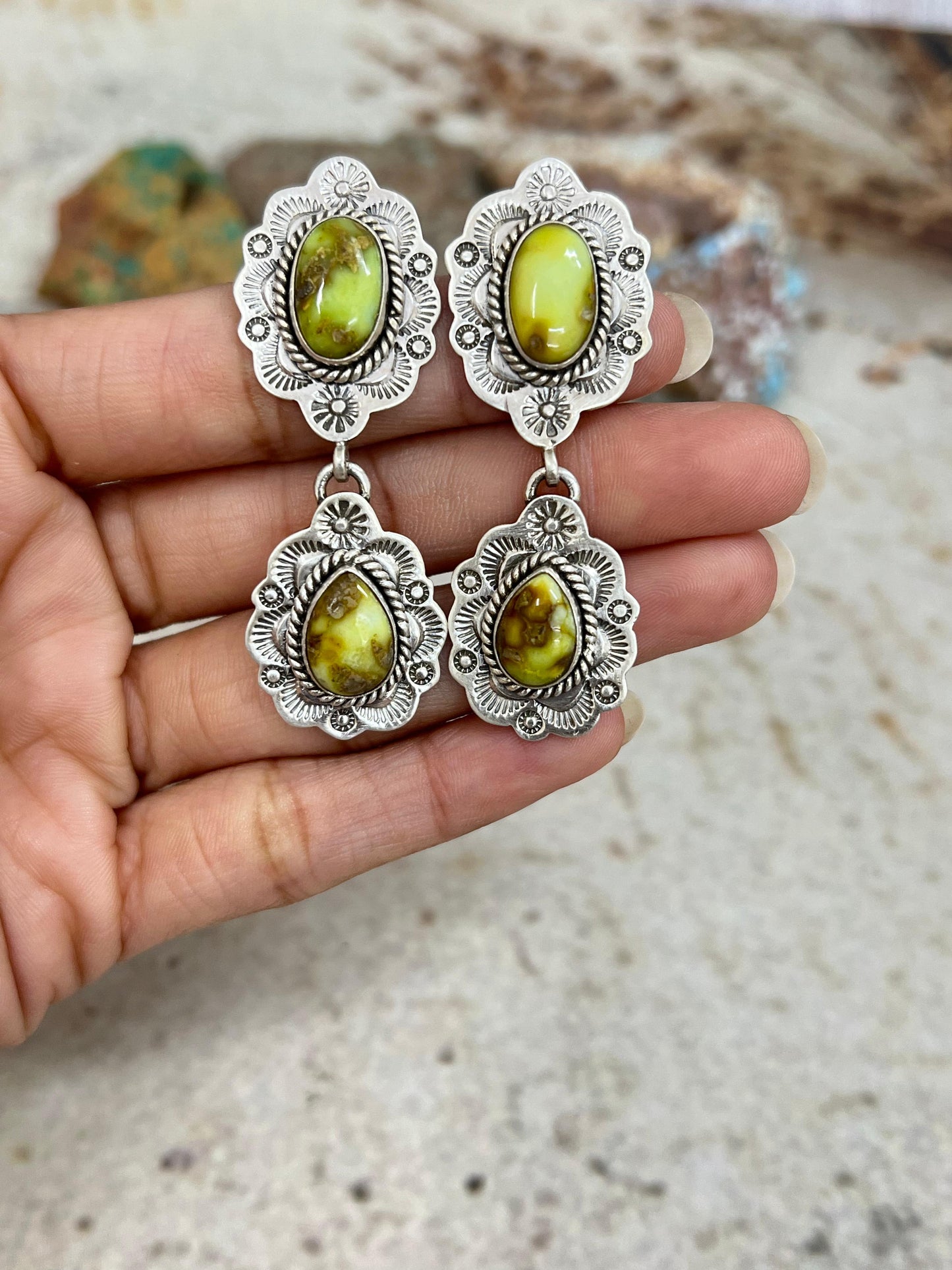 Handmade Sterling Silver Palomino Turquoise Post Dangle Earrings with Signed Nizhoni (1)