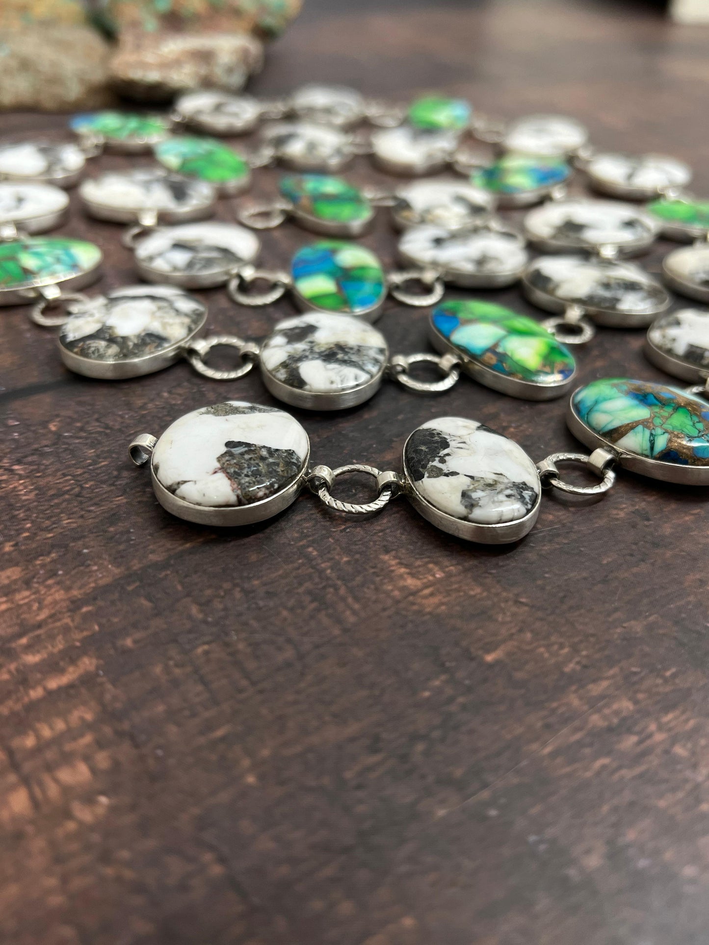 Handmade Sterling Silver White Buffalo with Peacock Dahlia Belt with Signed Nizhoni