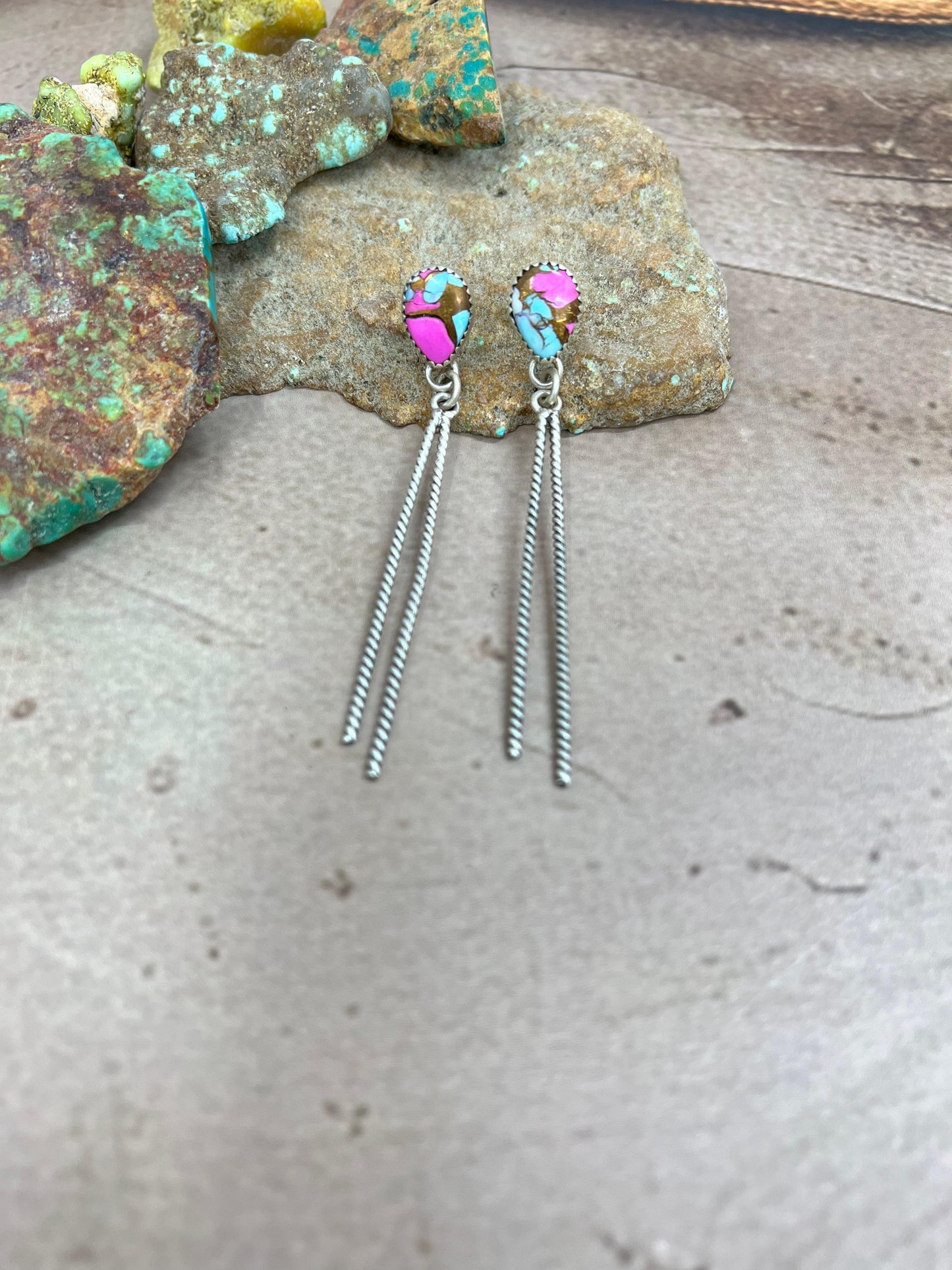 Handmade Sterling Silver Cotton Candy Turquoise Dangle Earrings with Signed Nizhoni