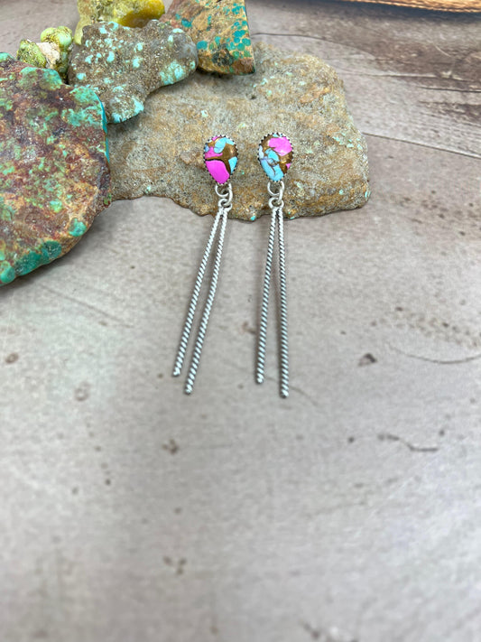 Handmade Sterling Silver Cotton Candy Turquoise Dangle Earrings with Signed Nizhoni