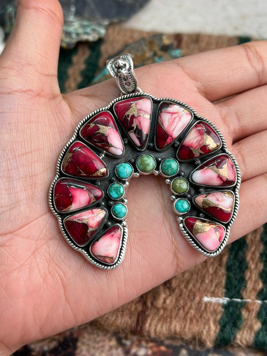 Handmade Sterling Silver Dahlia Rose with Emerald Valley Turquoise Pendant "Signed Nizhoni"
