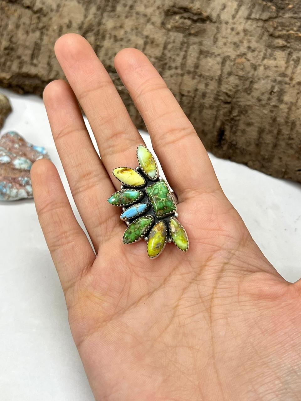 Handmade Sterling Silver Palomino with Golden Hills and Sonoran Mountain Turquoise Adjustable Ring " Signed Nizhoni"