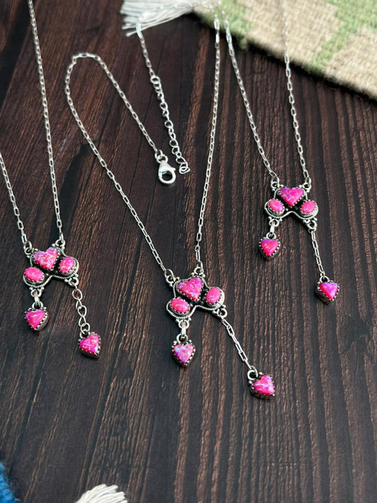 "Heart Collection" Handmade Sterling Silver Hot Pink Necklace "Signed Nizhoni"