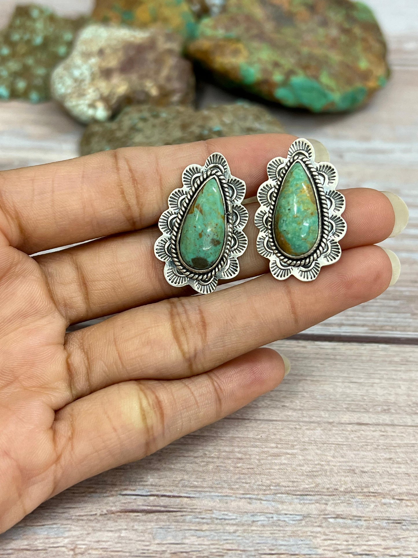 Handmade Sterling Silver Royston Turquoise Post Studs with Signed Nizhoni