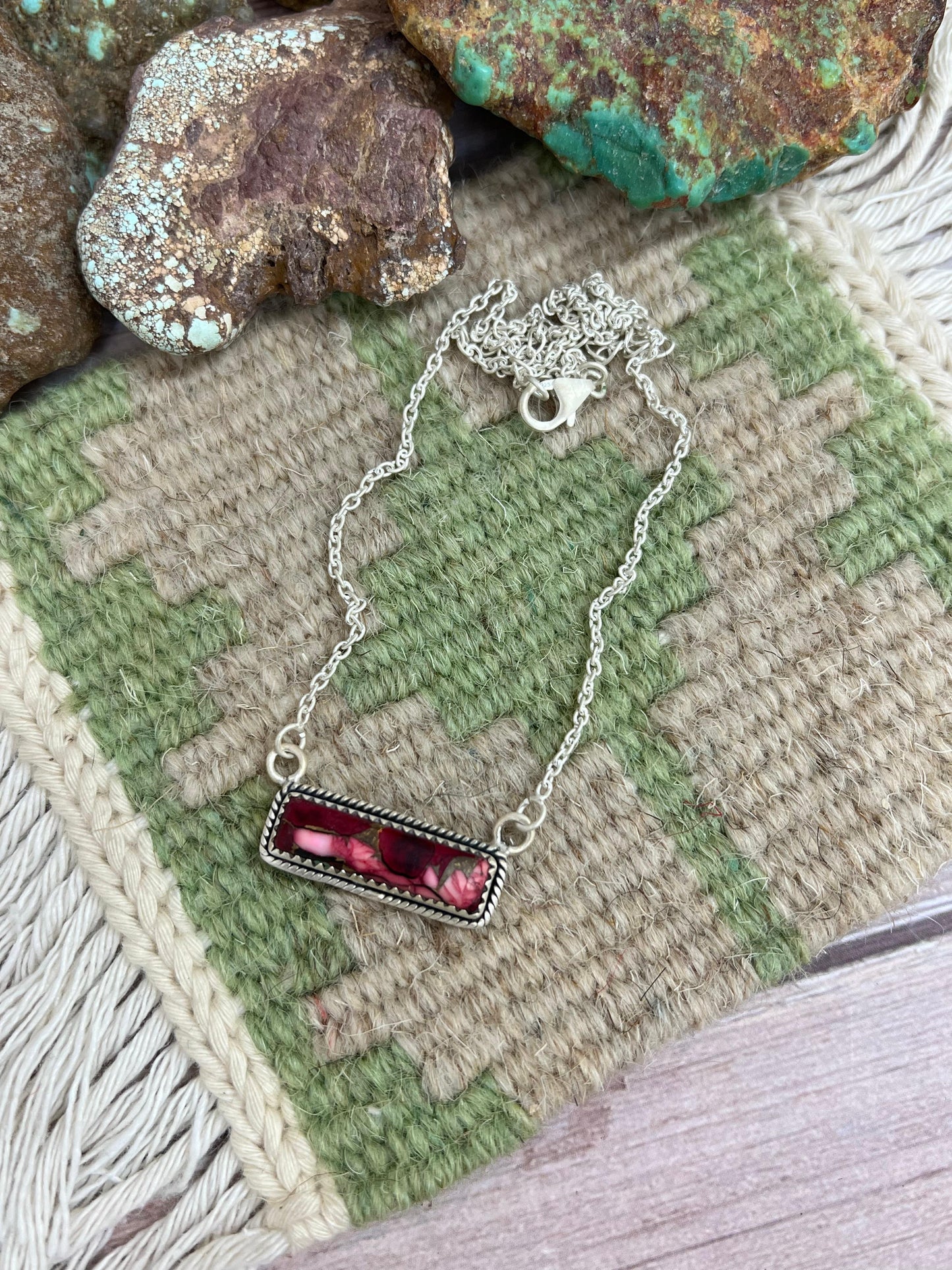 Handmade Sterling Silver Dahlia Rose Bar Necklace with Signed Nizhoni