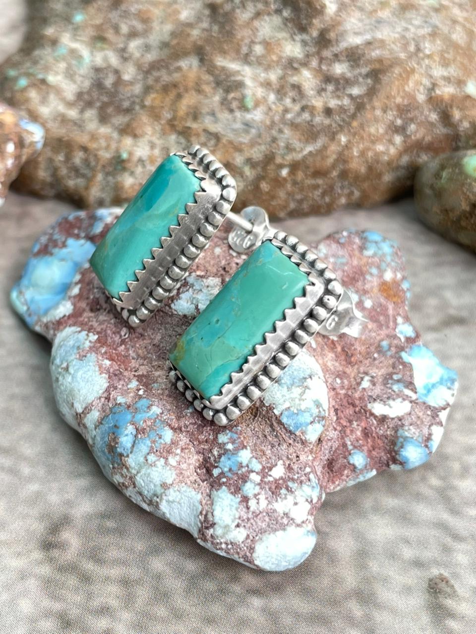 Handmade Sterling Silver Kingman Turquoise Post Studs with Signed Nizhoni