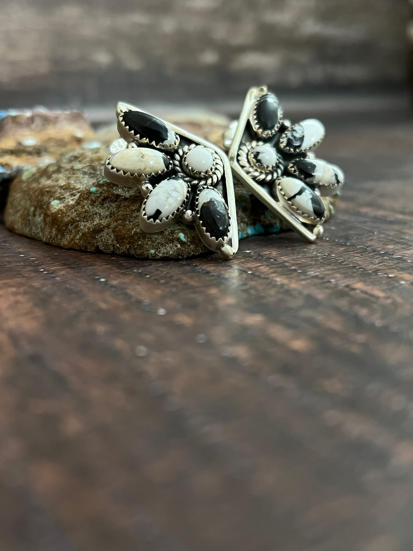 Handmade Sterling Silver White Buffalo Studs with Signed Nizhoni