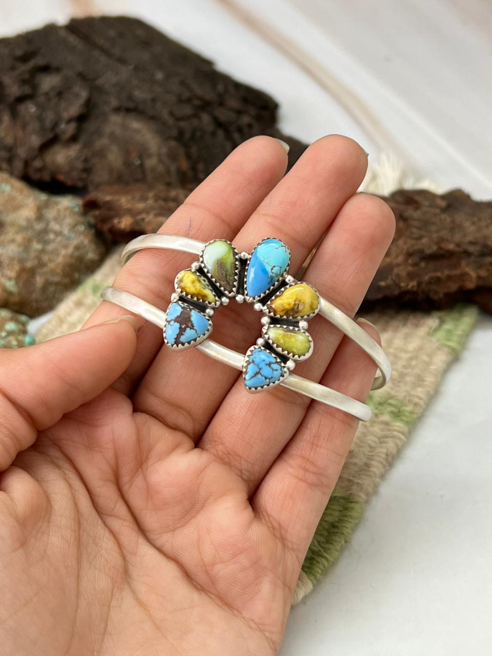 Handmade Sterling Silver Palomino with Golden Hills and Sonoran Turquoise Naja Bracelet "Signed Nizhoni"