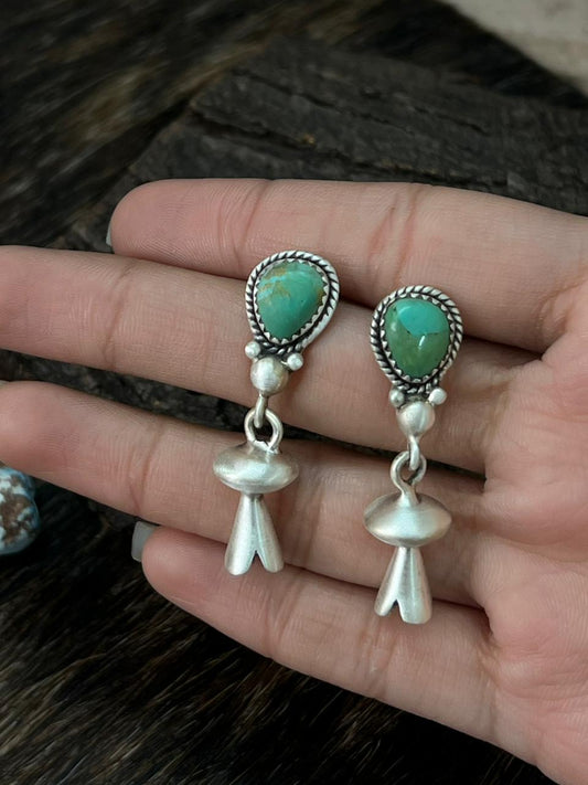 Handmade Sterling Silver Kingman Turquoise Blossom Dangle Earrings "Signed Nizhoni"