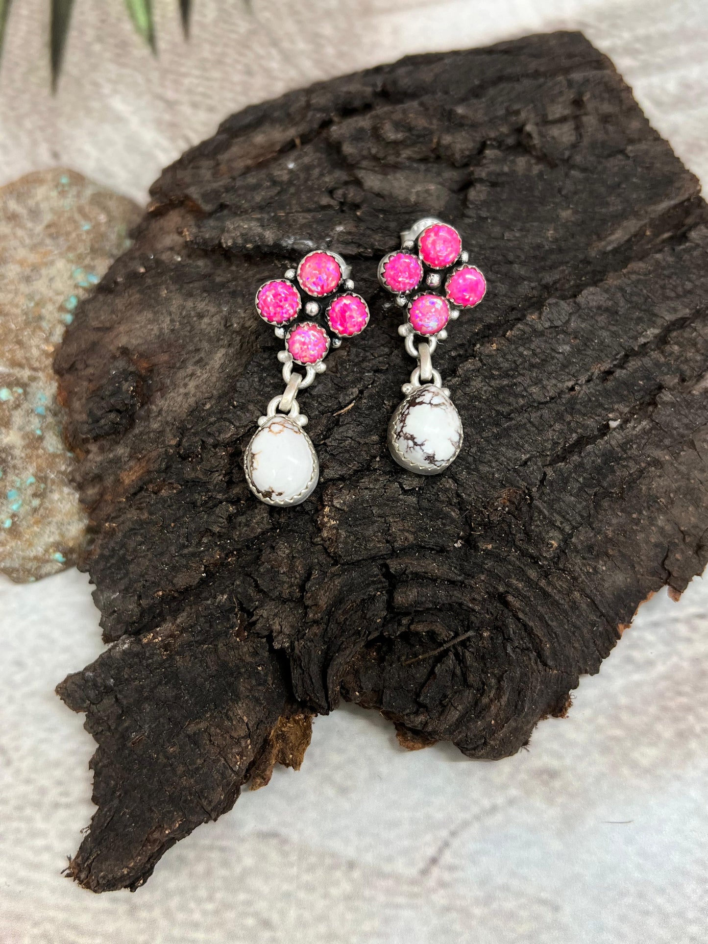 Handmade Sterling Silver Wild Horse with Pink Fire Opal Post Dangle Earrings, Signed Nizhoni (7)
