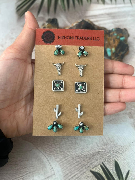 Handmade Sterling Silver Kingman With White Buffalo Post Studs Earrings Set