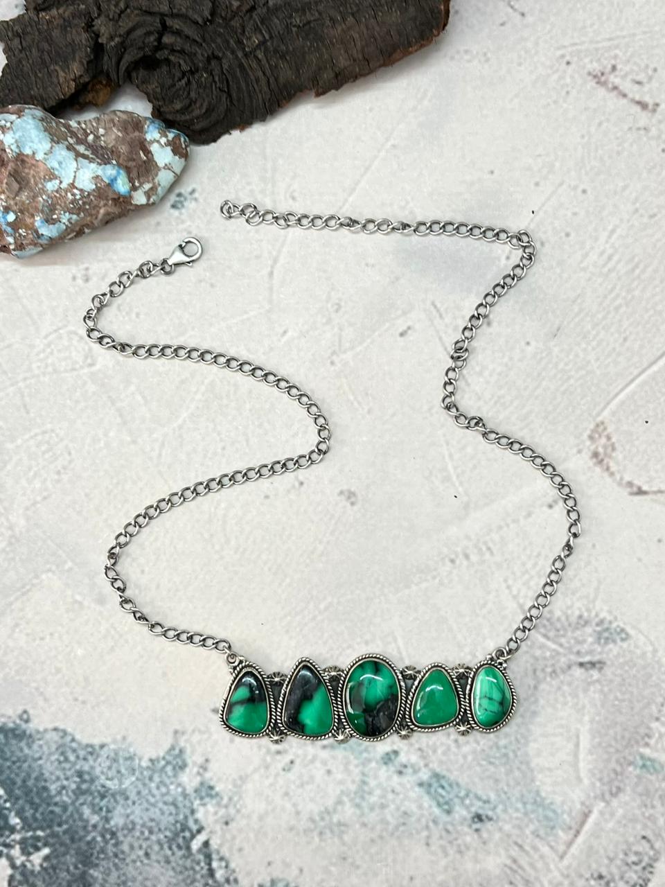 Handmade Sterling Silver Emerald Rose Necklace "Signed Nizhoni"