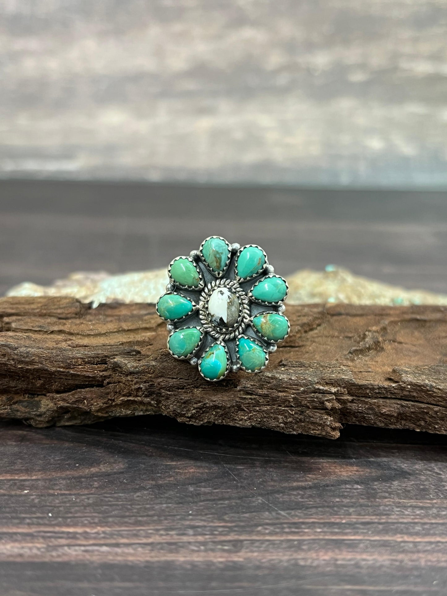 Handmade Sterling Silver Kingman with White Buffalo Turquoise Adjustable Ring with Signed Nizhoni