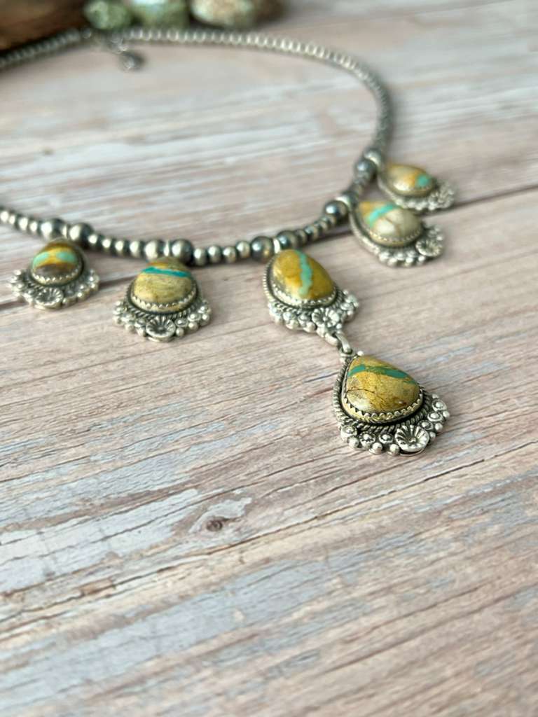 Handmade Sterling Silver Royston Ribbon Turquoise Beaded Necklace with Signed Nizhoni