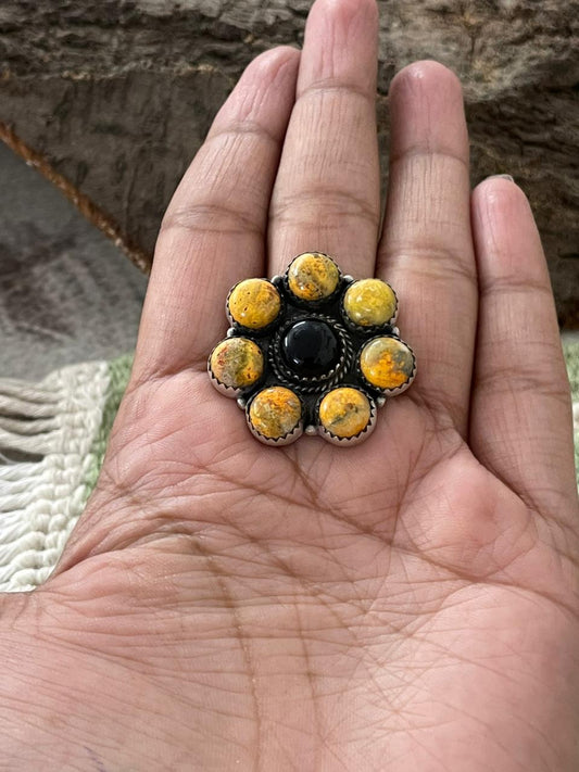 "Halloween Collection" Handmade Sterling Silver Black Onyx, Bumblebee Adjustable Ring with Signed Nizhoni