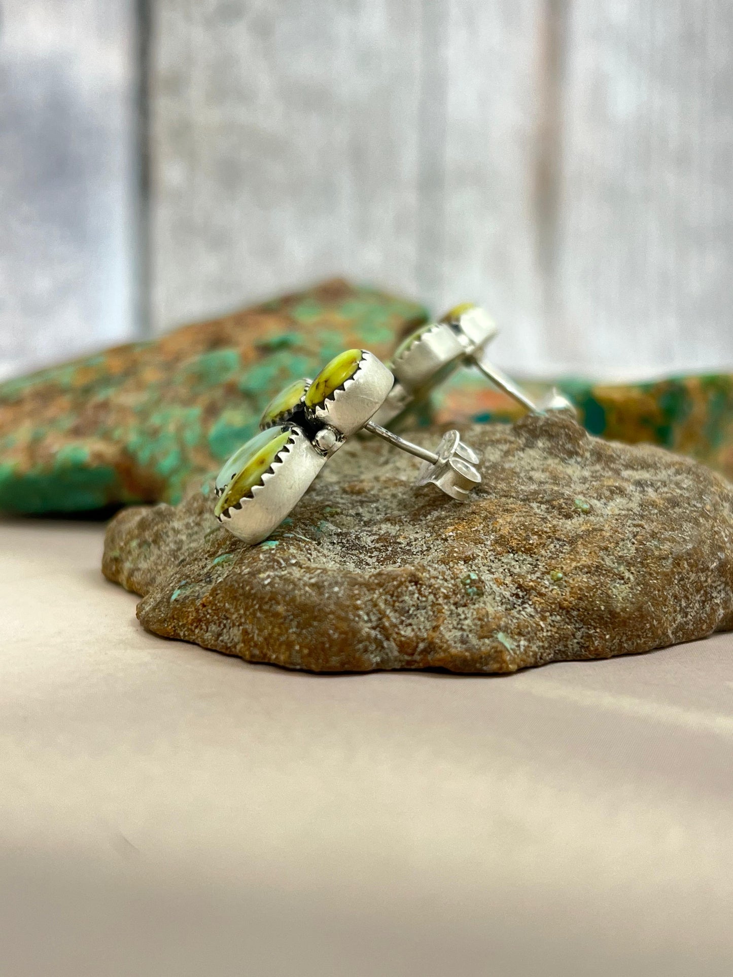 Handmade Sterling Silver Palomino Turquoise 4 Stone Post Studs with Signed Nizhoni