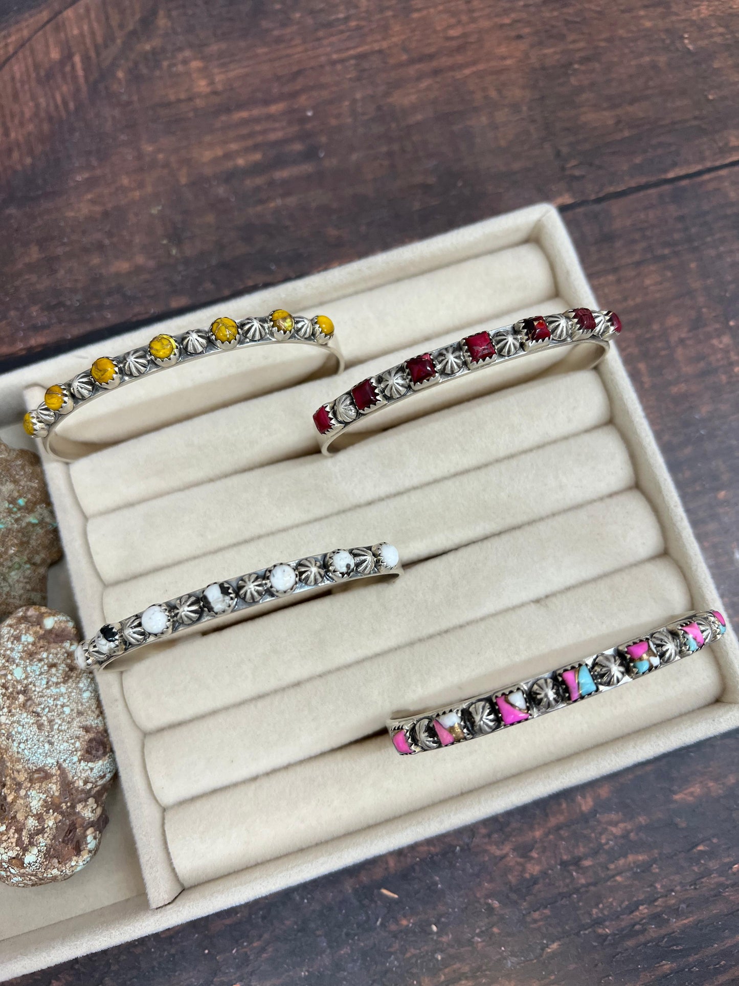 Handmade Sterling Silver Multi Gemstone Cuff Bracelet with Signed Nizhoni